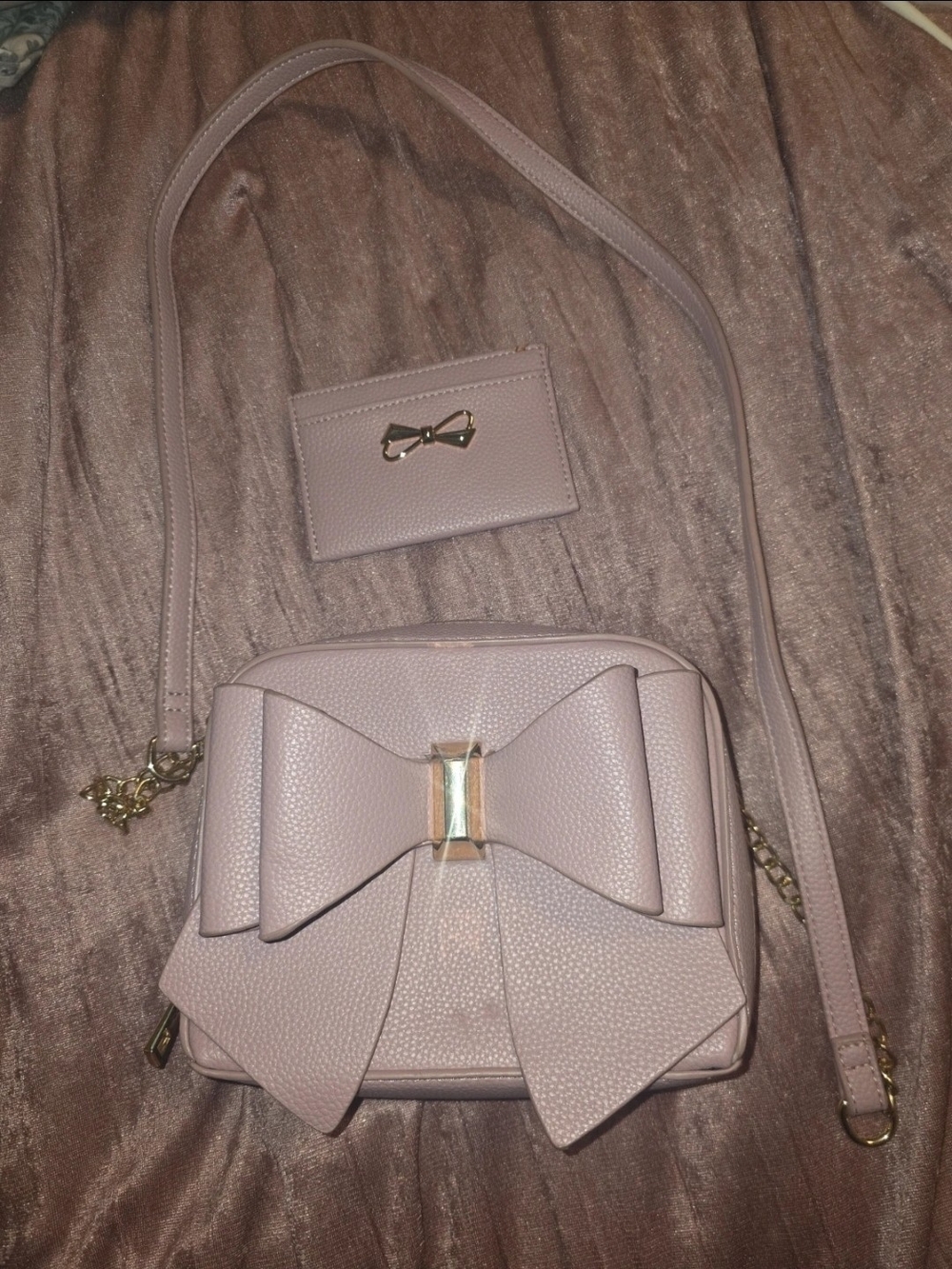 Blush Pink Bow Accent Crossbody Bag with Card Holder